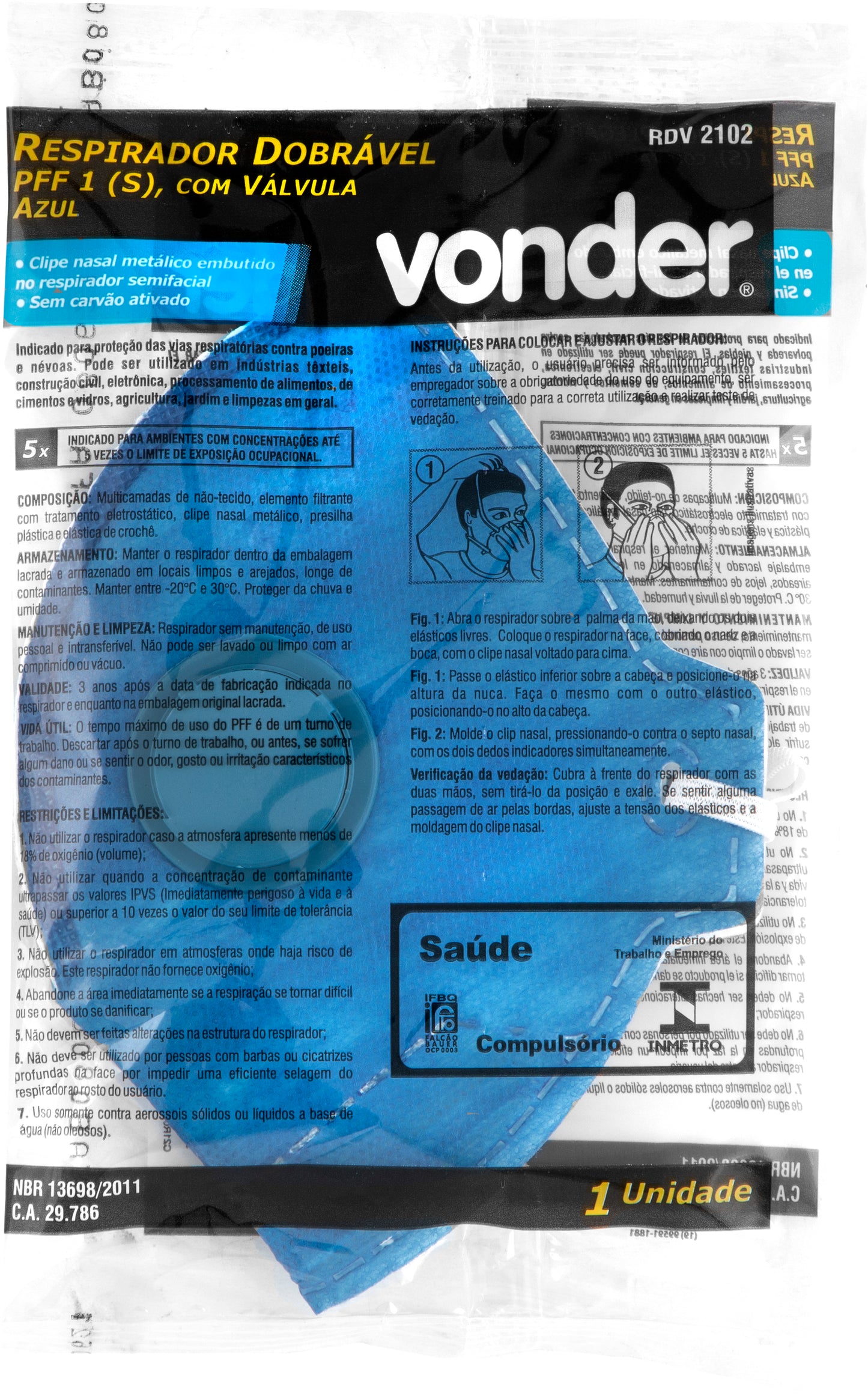 Respirador dobrável, semifacial, PFF1, RDV 2102, azul, VONDER - C.A 29786