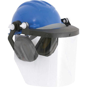 Capacete azul com aba frontal, protetor facial e abafador de ruídos, LEDAN