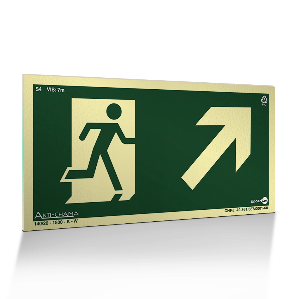 Placa Fotoluminescente S4 Saída de Emergência à Direita Acima com Pictograma