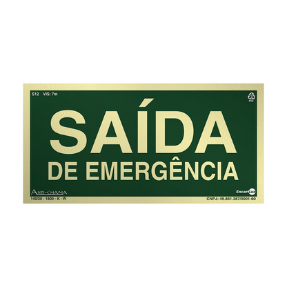 Placa Fotoluminescente S12-2 Saída de Emergência