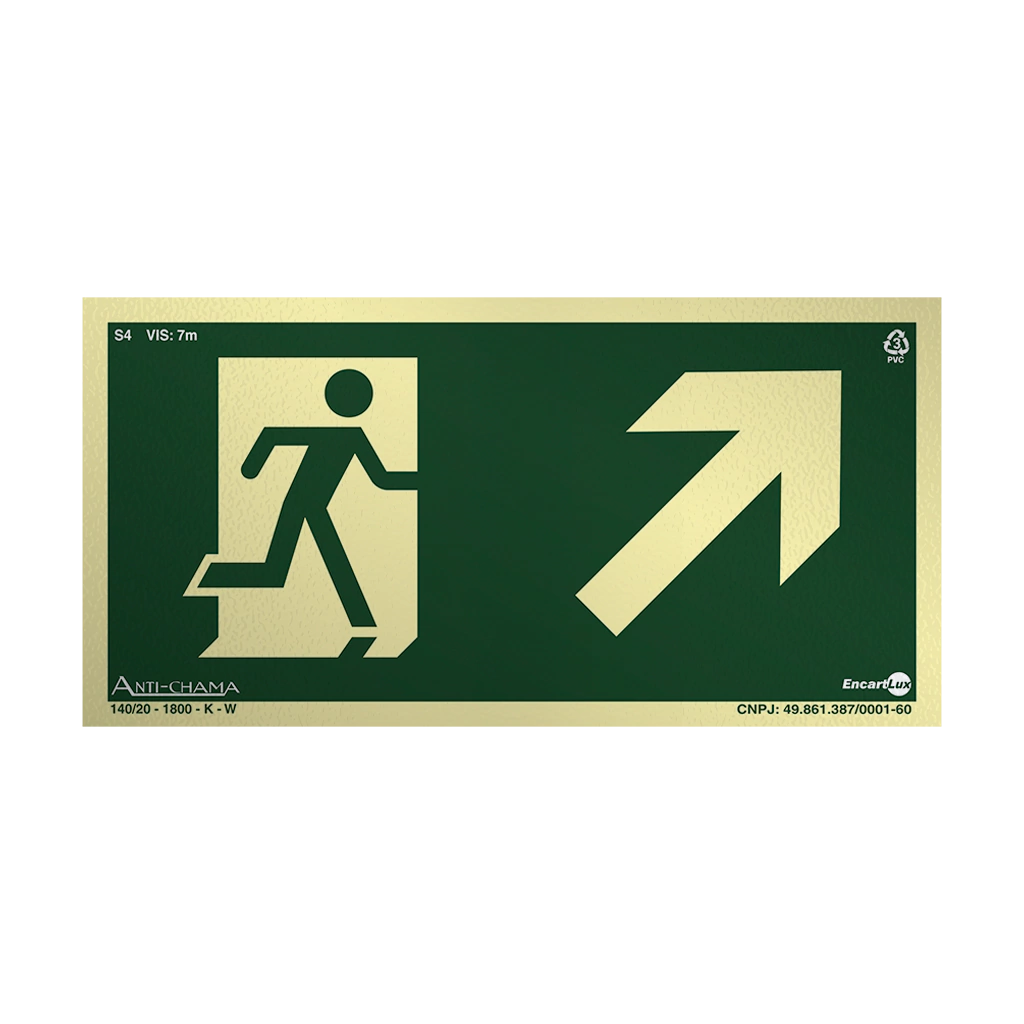 Placa Fotoluminescente S4 Saída de Emergência à Direita Acima com Pictograma